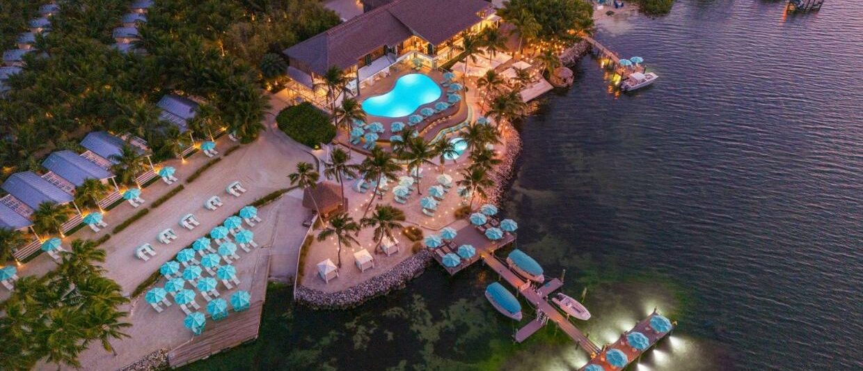 An Ariel shot shows one of the best all inclusive resorts in Florida with its private docks, beaches, and bungalows!