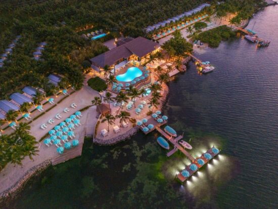 An Ariel shot shows one of the best all inclusive resorts in Florida with its private docks, beaches, and bungalows!