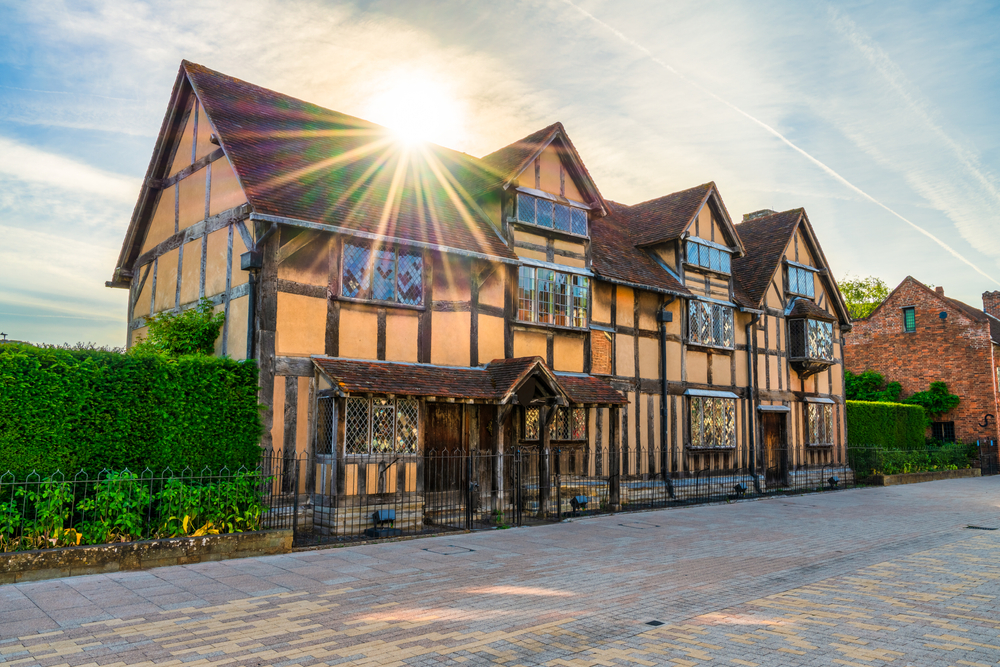 William Shakespeares birthplace place house at sunrise on Henley street in Stratford upon Avon. One of the places to visit in the Cotswolds. 