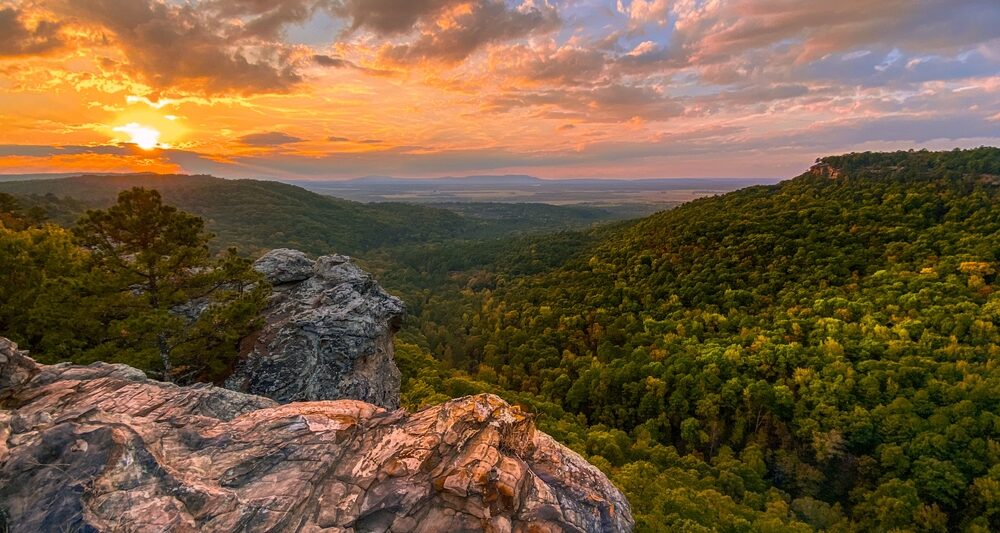 View of Hawksbill Crag at sunset, one of the best things to do in Arkansas.