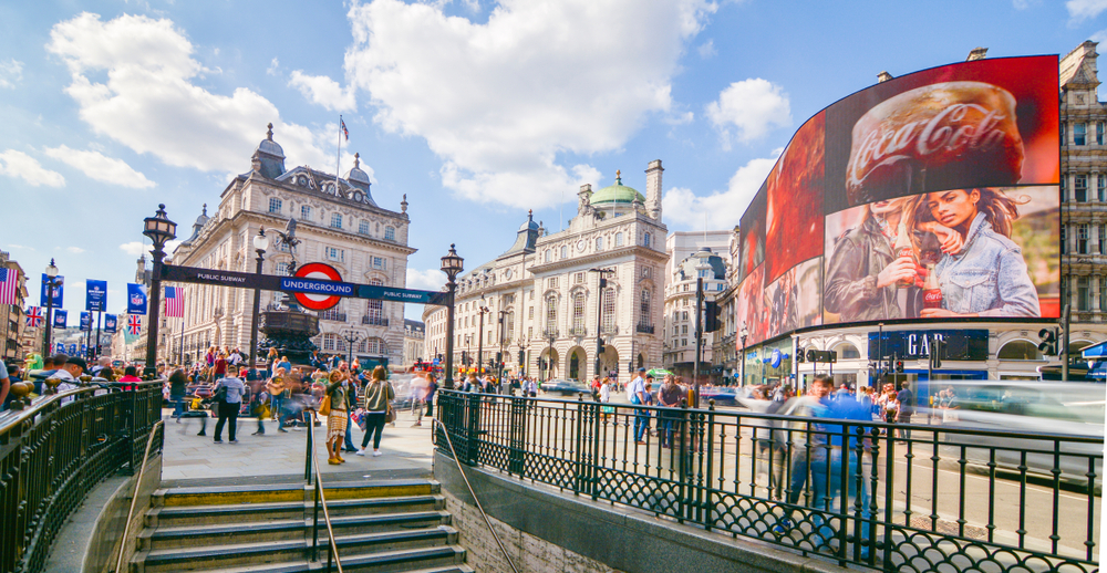 Wide angle view of Piccadilly Circus- a famous London landmark in London’s West End