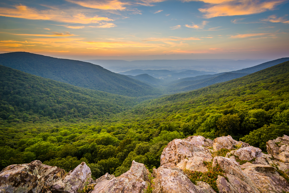 the view from one of the hikes at the Shenandoah national park in virginia showing a brown rock with green trees and blue sky in the background