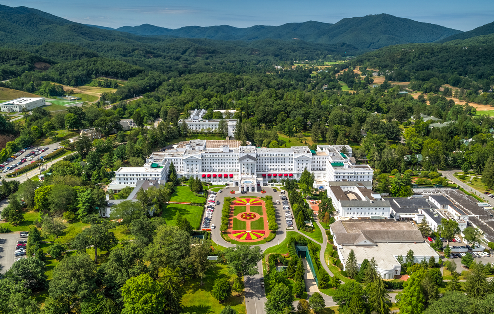 the greenbrier resort in Virginia. This beautiful resort is a historic gem and is in the center of a mountain valley with green tress all around 