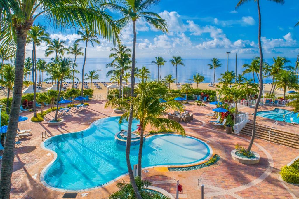 The view of the luxury pools along the beach at a hotel in Islamorada