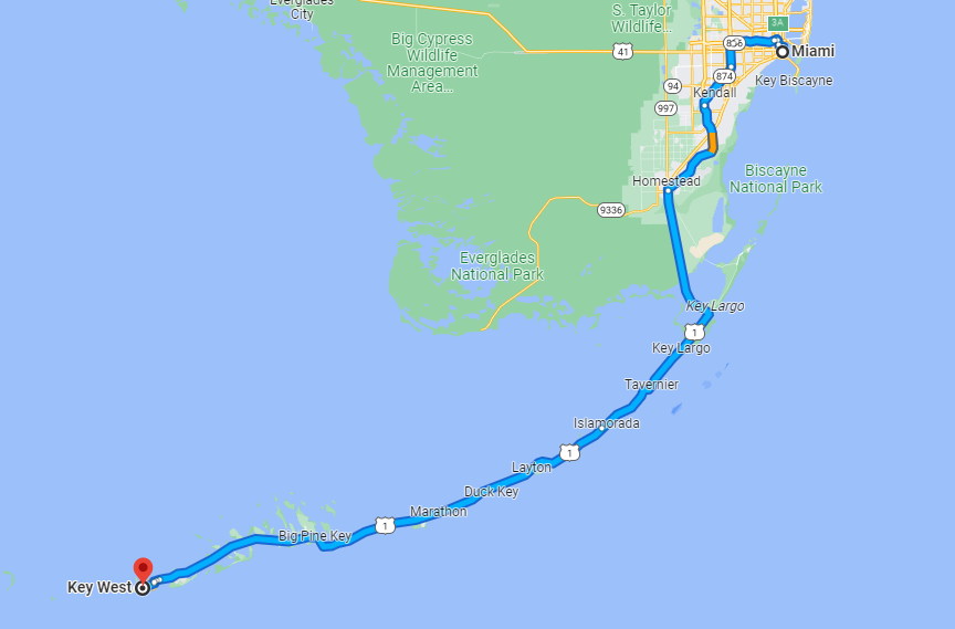 A map with directions for a Miami to Key West road trip