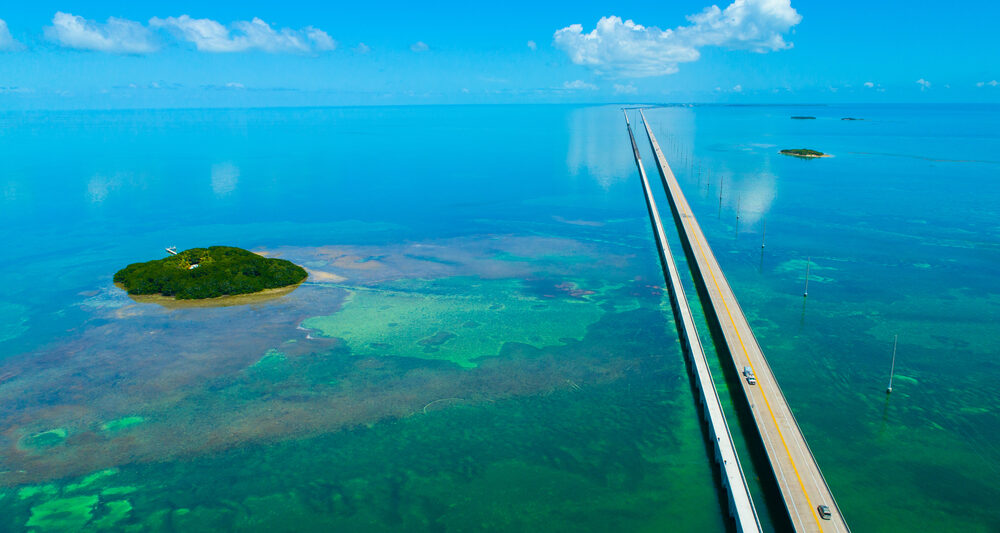 An aerial view of the Old and New 7 Mile Bridge, an iconic stop on any Miami to Key West road trip