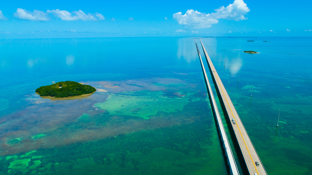 An aerial view of the Old and New 7 Mile Bridge, an iconic stop on any Miami to Key West road trip