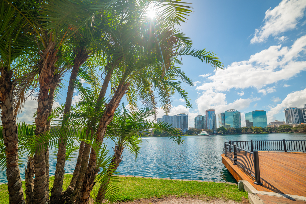 a view from one of the best beaches in Orlando FL with palm trees, a lovely deck, and resorts in the back round 