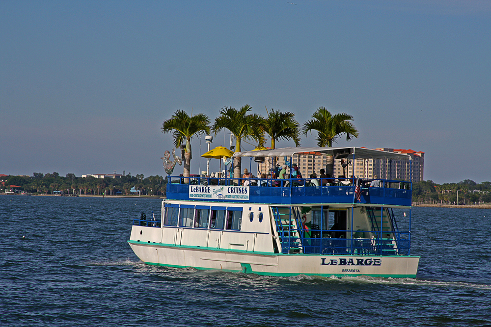 A large sunset dolphin cruise sets sail in the water, going off to explore and look for sea life.