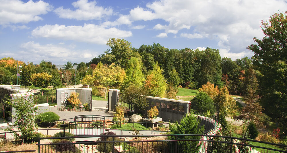 gardens in asheville with green trees and blue sky with white clouds with walkways around