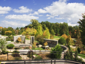 gardens in asheville with green trees and blue sky with white clouds with walkways around