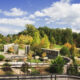 gardens in asheville with green trees and blue sky with white clouds with walkways around