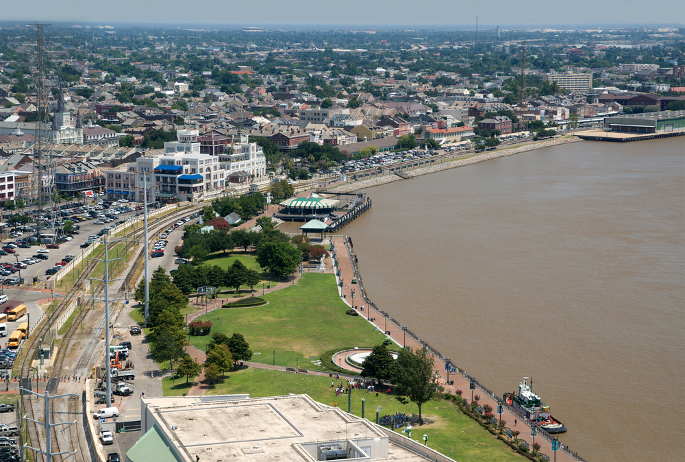 an ariel view of the riverfront are of New Orleans