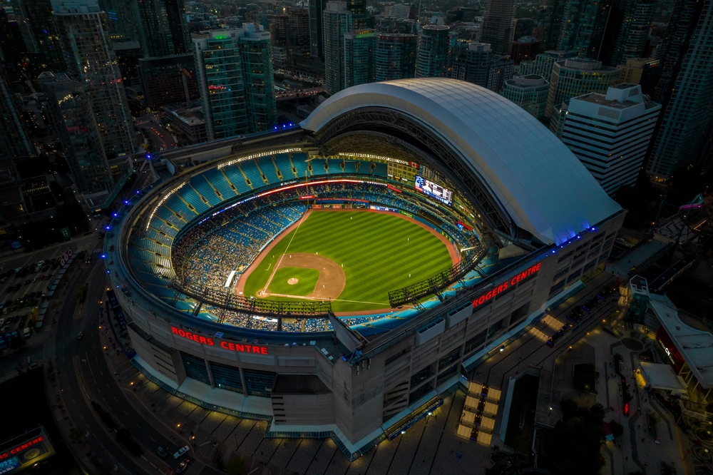 a great aerial shot of the Rogers Centre, open aired and perfect for a lovely day enjoying baseball!