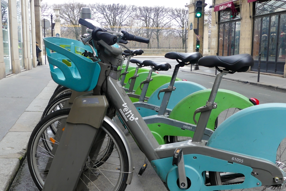 Row of rental bikes in Paris.