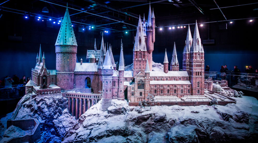 Giant model of Hogwarts covered in snow.