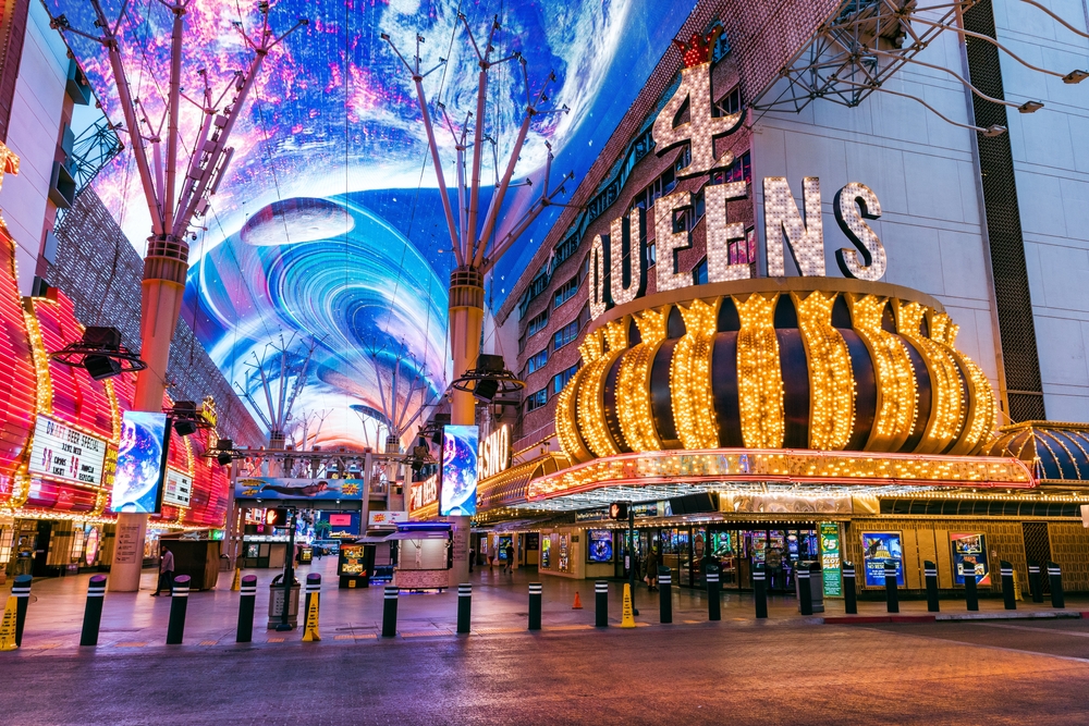 A view of the Fremont Street Experience, a shopping mall in Las Vegas with an LED canopy that plays light and graphics shows, a popular stop during a weekend in Las Vegas