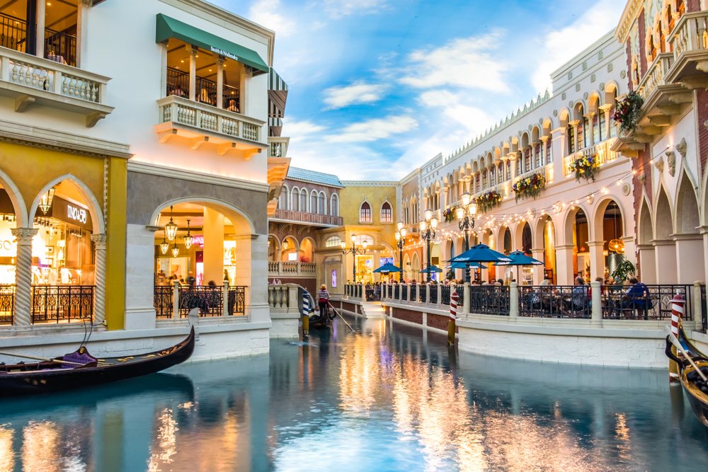 The inside of the Grand Canal Shoppes, and indoor shopping mall that is made to look like Venice, complete with a river that you can float down on a gondola