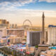 skyline view at sunrise in las vegas with buildings of hotels on the strip