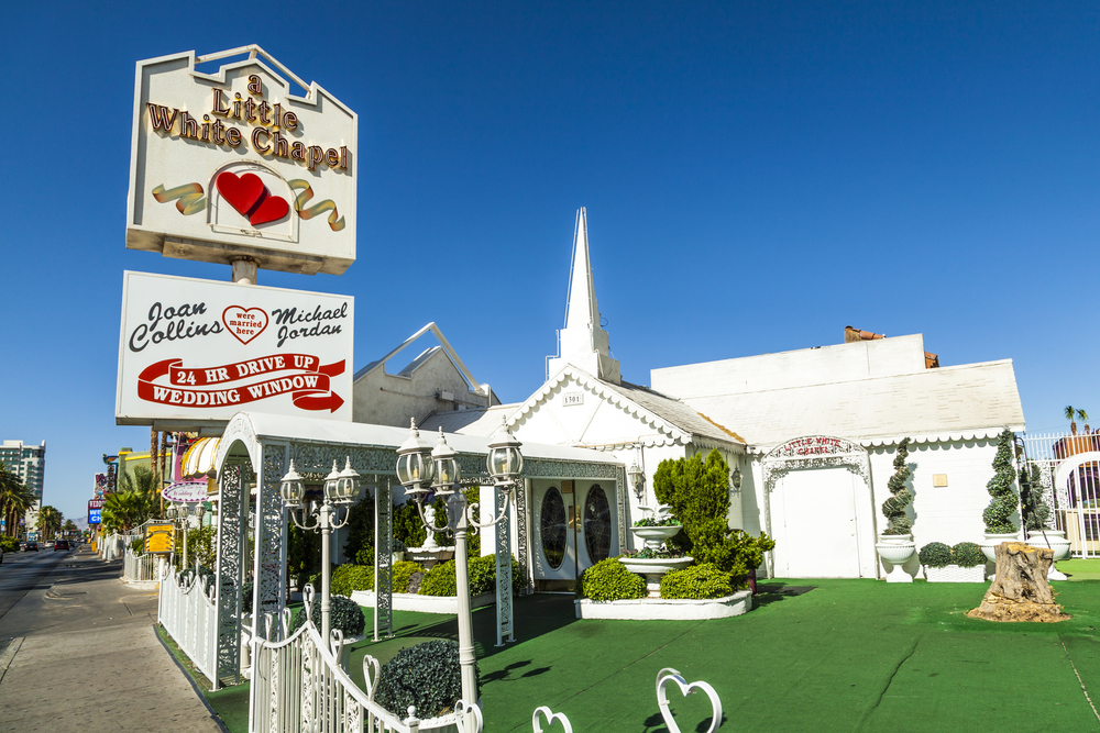 The exterior of the Little White Wedding Chapel, a popular stop during a romantic weekend in Las Vegas
