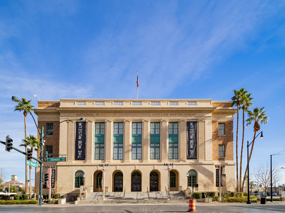 The front of the Mob Museum, which is in an old court building, on a sunny day in Las Vegas