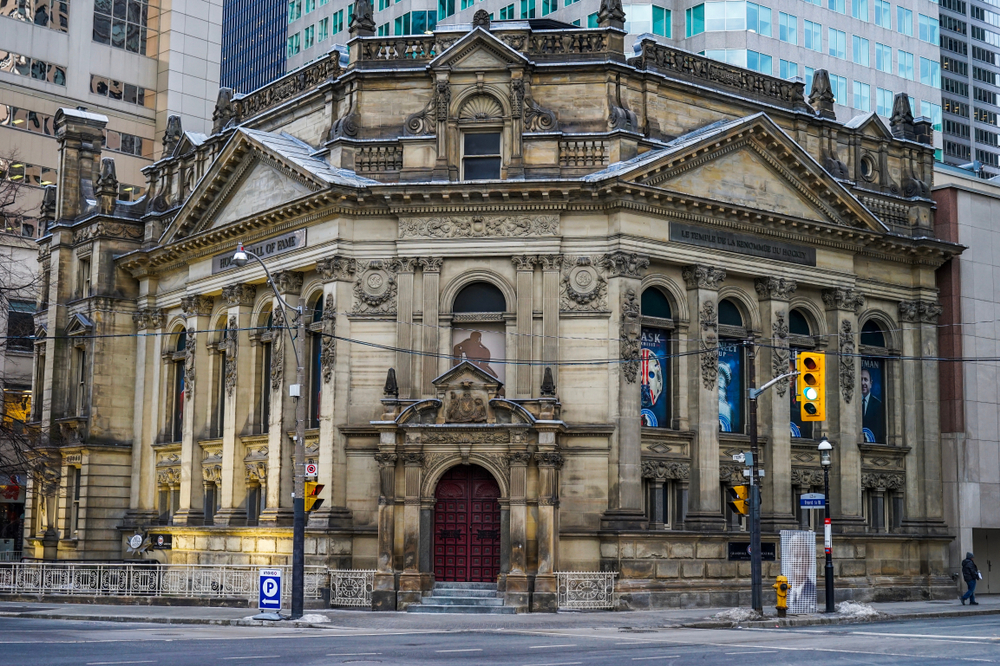 An old, gothic style architectural relic of Old Toronto, housing Canada's collection of Hockey memoribilia as well as famous and prolific Hockey players! Built into the corner of the street and connected to surrounding buildings.