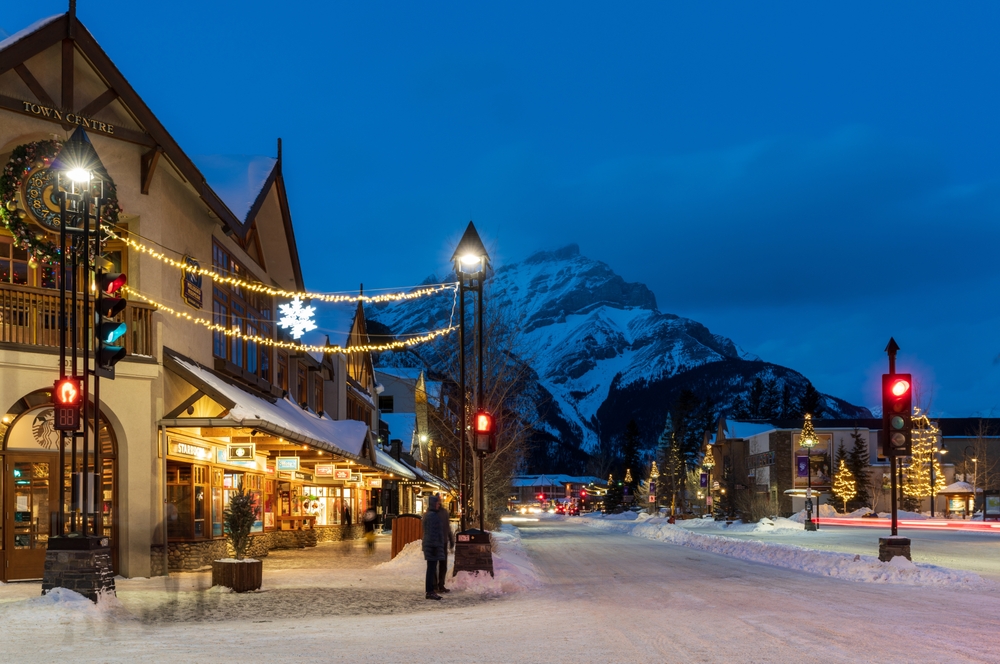 Downtown Banff with Christmas lights at night.