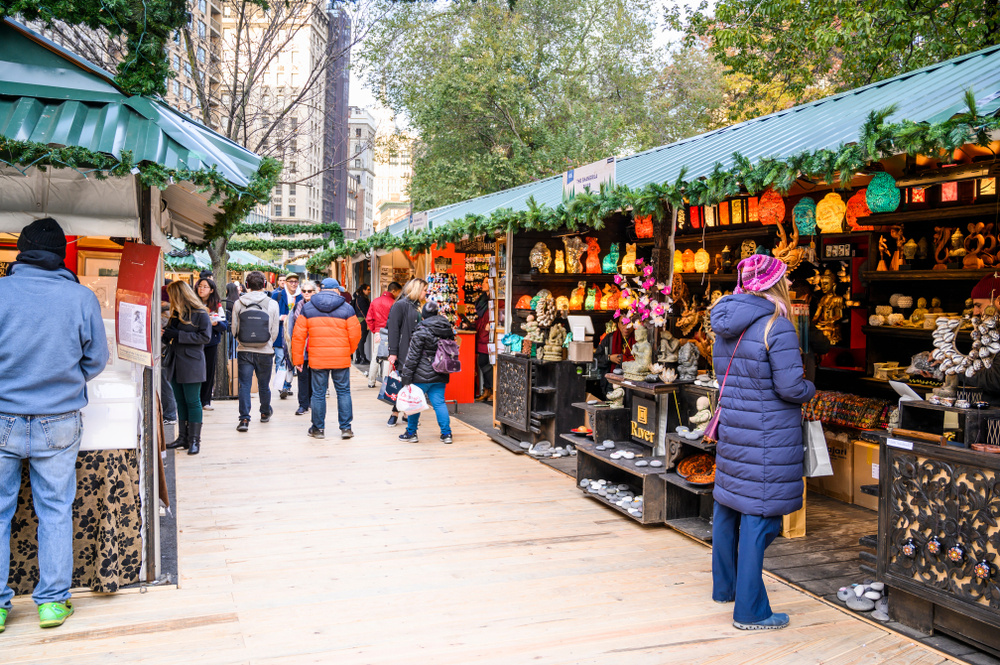 People wandering stalls at the Union Square Holiday Market.