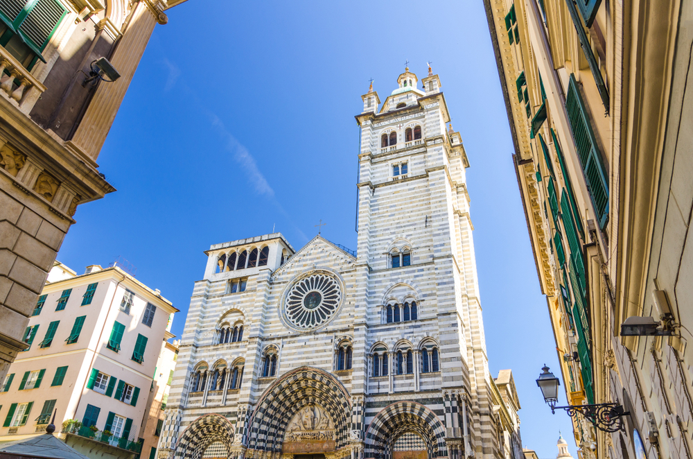 Looking up at the historic San Lorenzo Cathedral in Genoa, Italy.