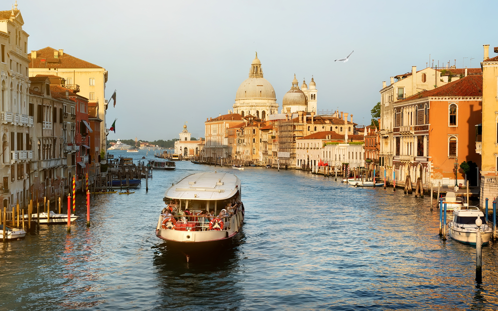 A Vaporetto boat in the Grand Canal of Venice in winter.