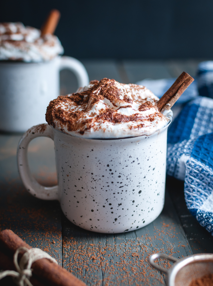 White and blue mug of hot chocolate topped with whipped cream and cinnamon.