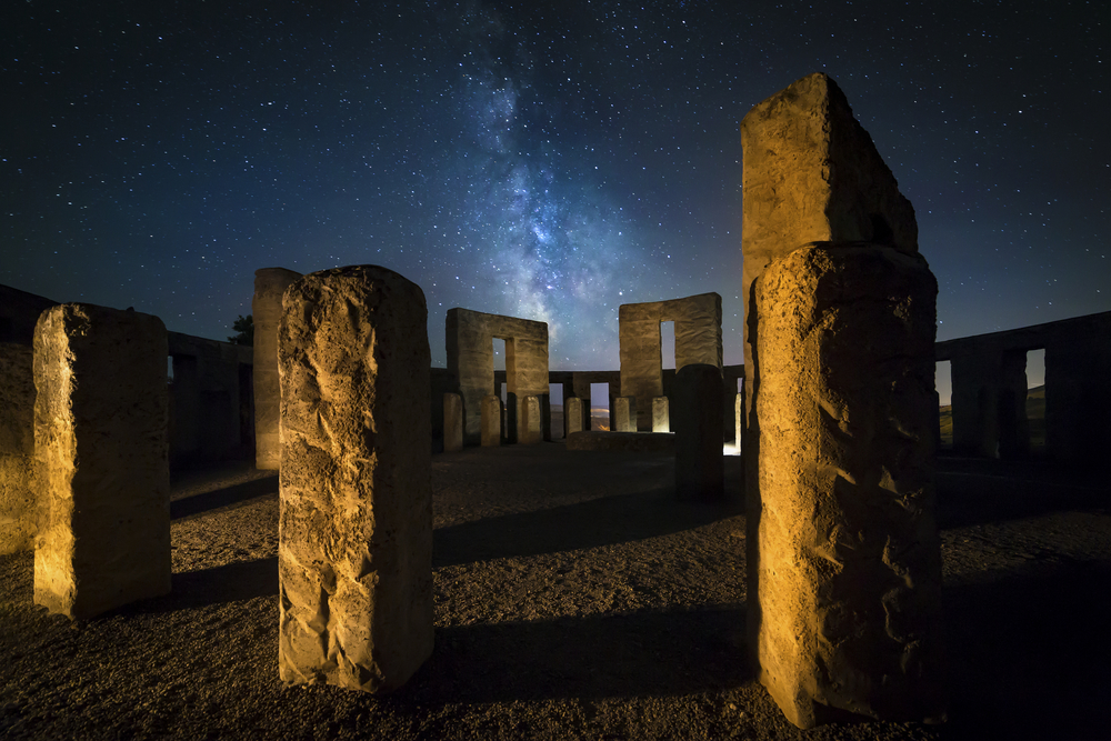 Milkyway galaxy over Maryhill Stonehenge at night.