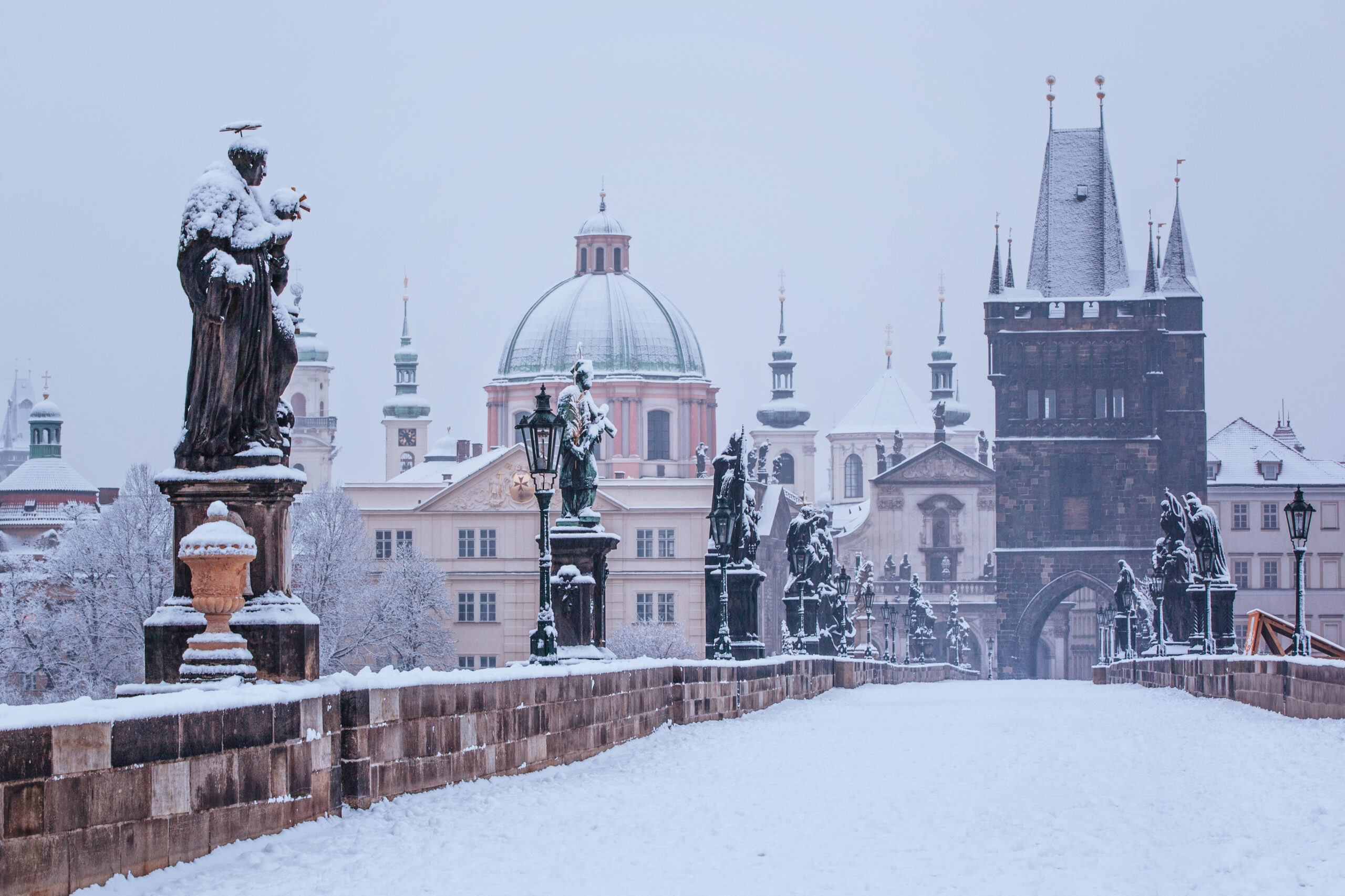 View of a dusting of snow in winter in Prague 