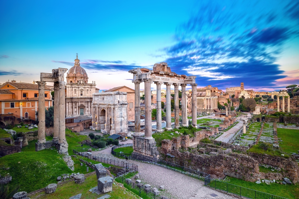 Dusk over the ruins of the Roman Forum during 10 days in Italy.