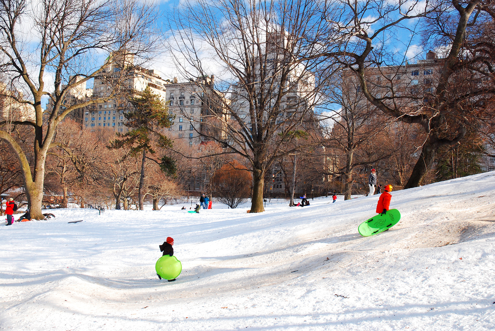 Kids walking up a snowy hill with sleds in Central Park.