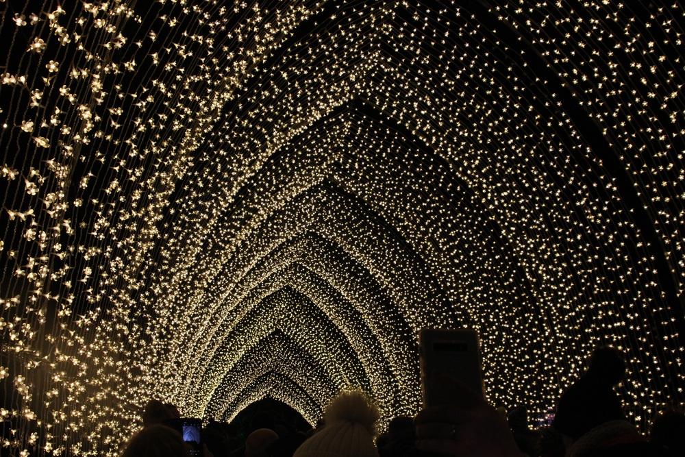 People walking under a light arch at night.