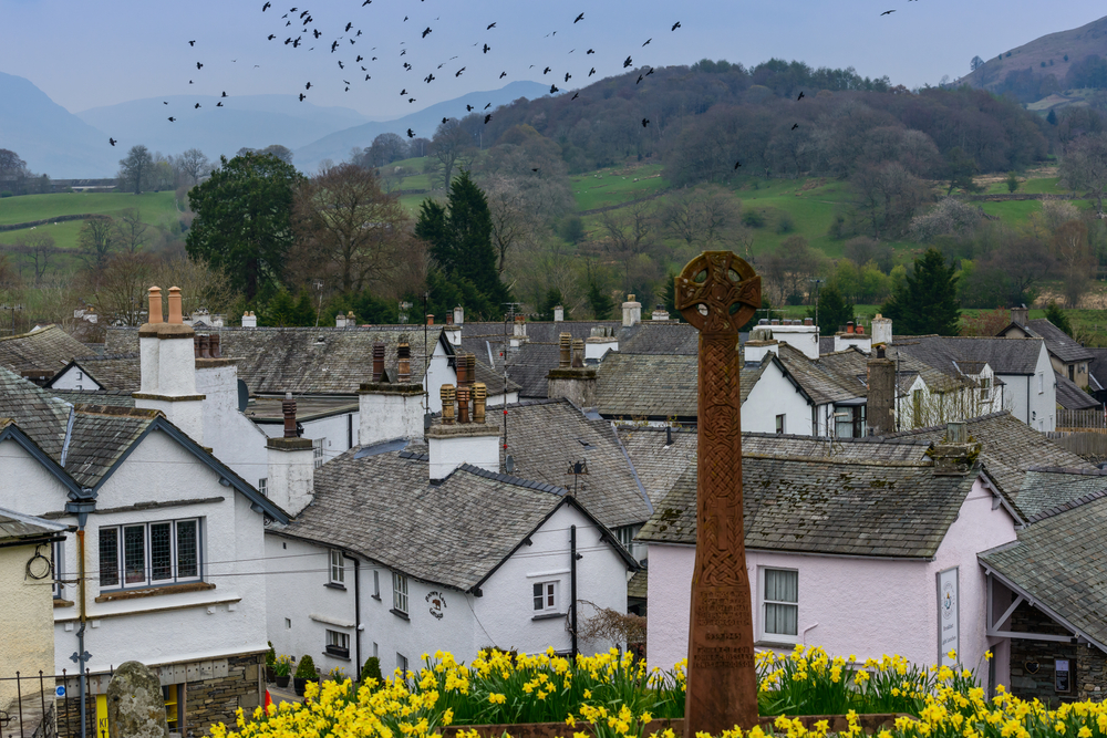 A flock of birds flying over the village viewed from the grounds of St Michaels and All Angels Church. The houses are all white. 