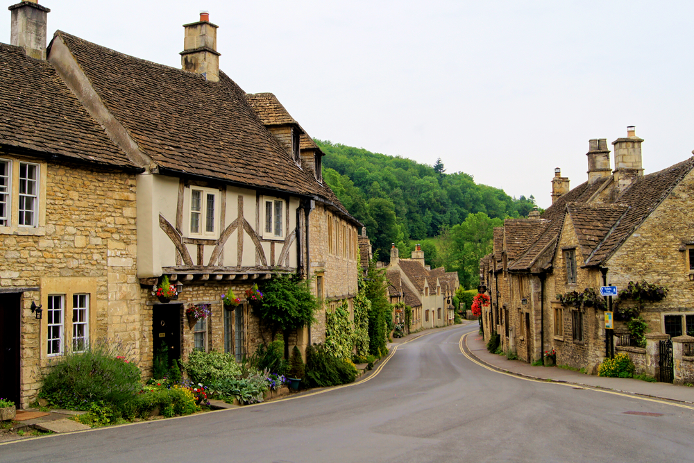 Old cottages lining a road in one of the  picturesque English villages. 