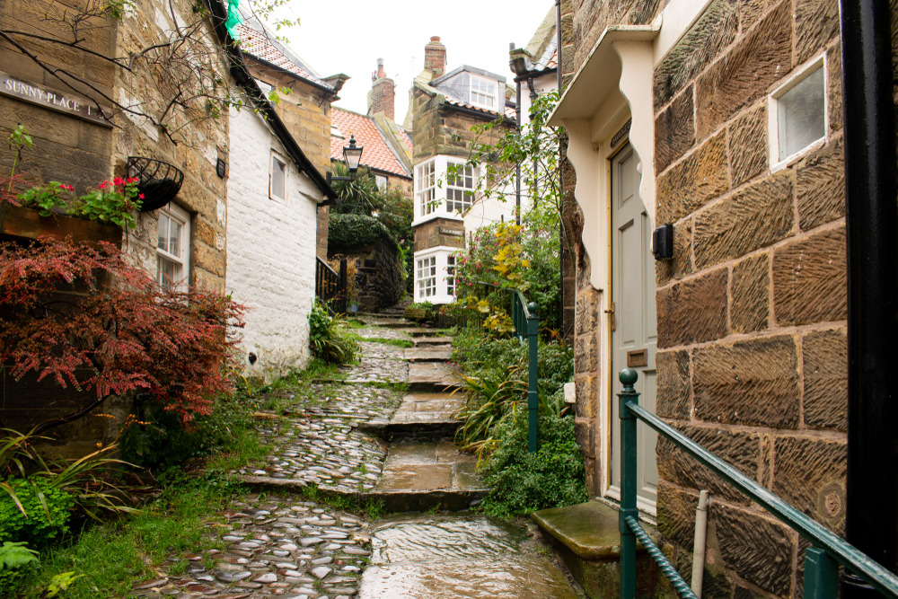 Steep path on cobbles and Yorkshire flagstones on Sunny Place showing cottages either side of path after a rain shower with steps and handrail.