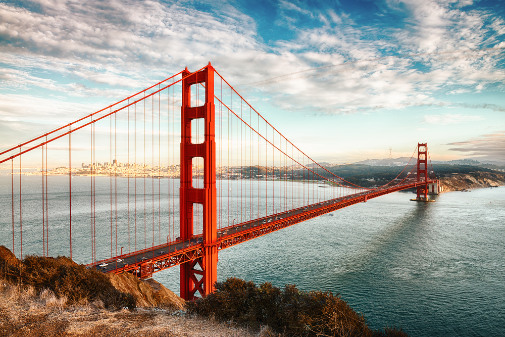 The Golden Gate Bridge with the city in the distance in an article about San Francisco to Los Angeles Road Trip