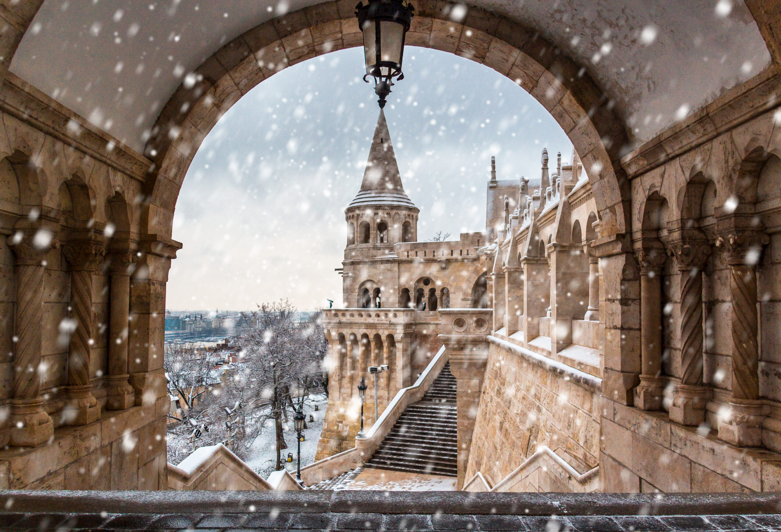 View of a light snowfall over one of Budapest's best viewpoints at Fisherman's Bastion
