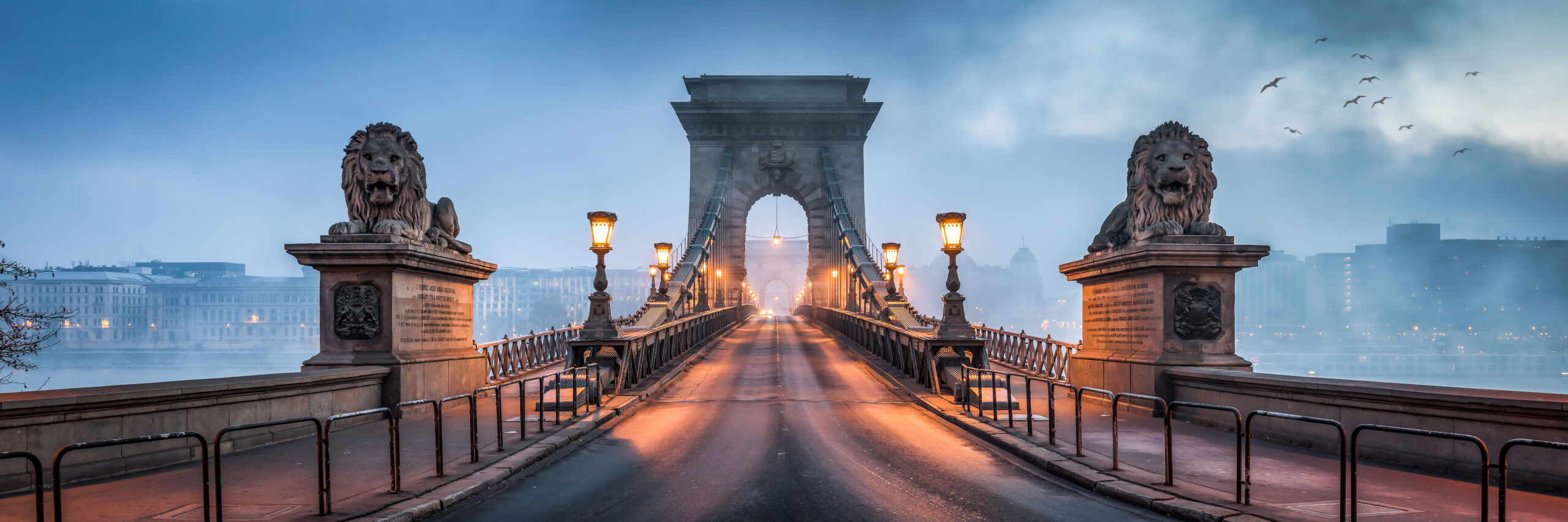 View of Budapest's famous Chain Bridge in some beautiful winter fog. 