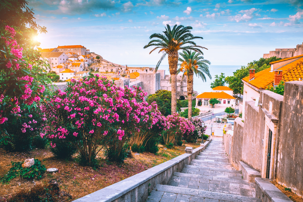 a lovely old town in Croatia with a purple flower walk away leading down the sea. there are cute homes with orange houses and big palm trees that line the streets. this is one of the best places to visit in Europe in April 