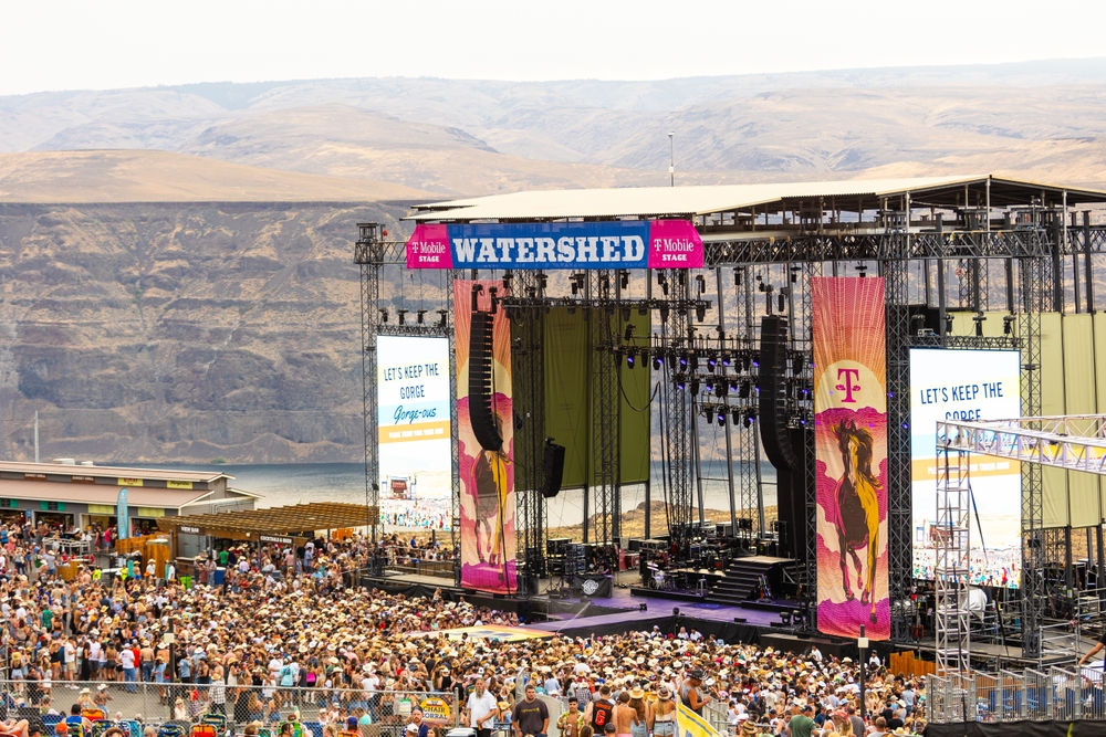 Concert at the Gorge Amphitheater with people crowded in front of the stage.