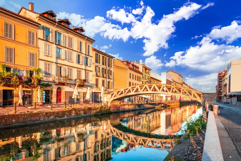 Canal with a bridge reflecting in the water.