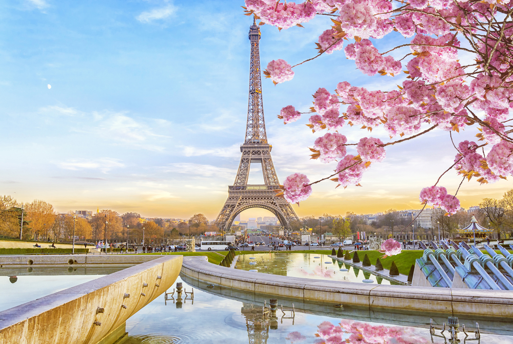 the effiel tower in April with pink flowers in front of the frame. the scene is sunset with the sky is lighting up a perfect orange tone. this is one of the best places to visit in Europe in April. 