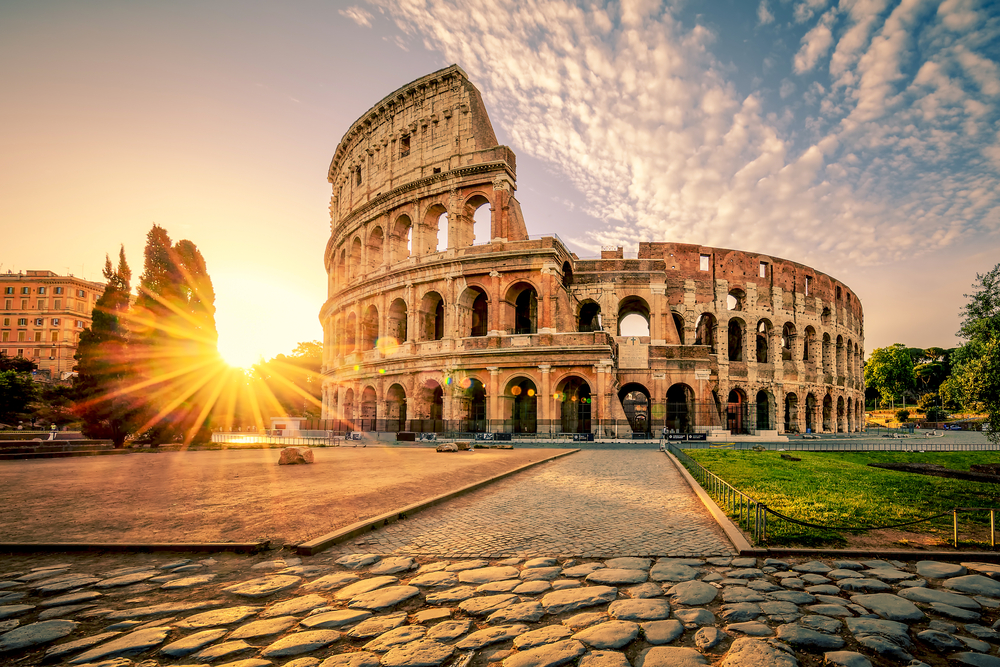 Morning golden hour over the Colosseum without people.