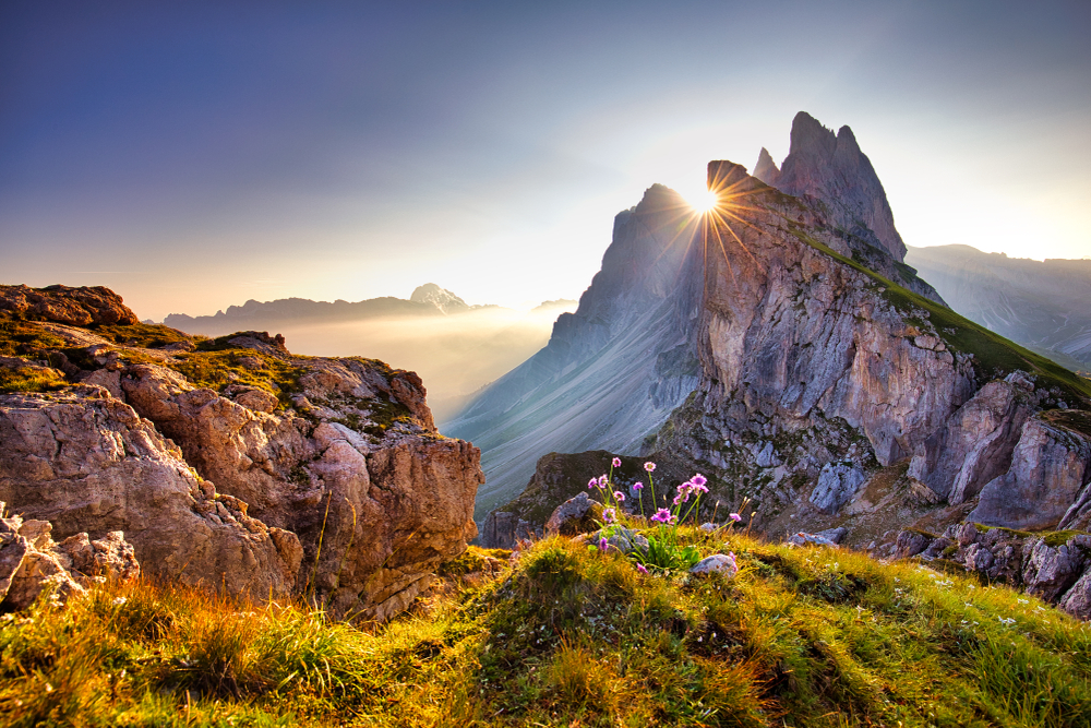 Sun peaking over a rugged mountain on the Seceda Ridge Hike with wildflowers.