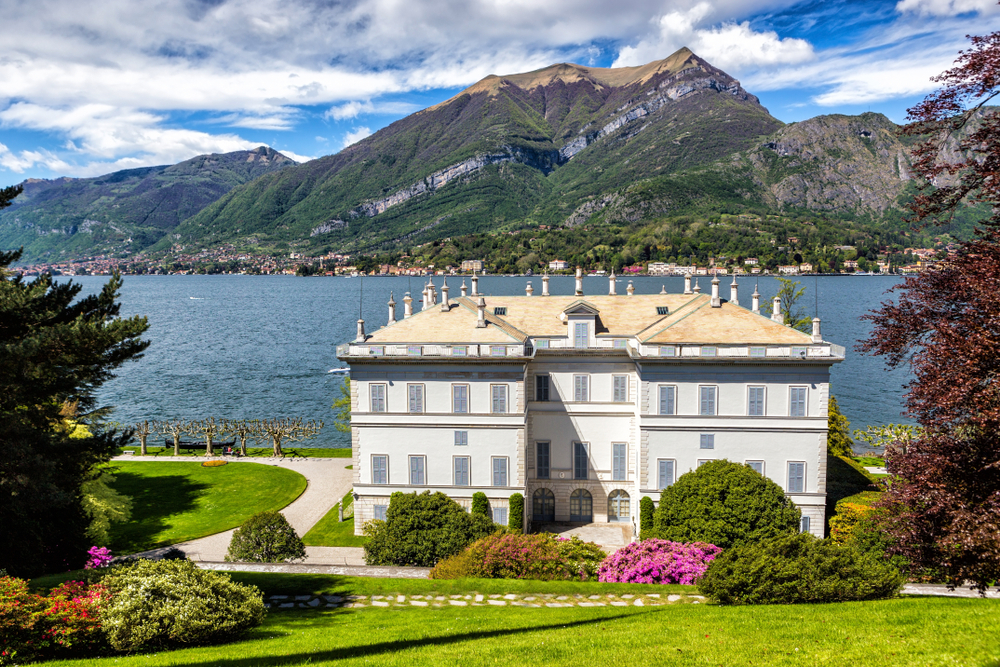 Beautiful white Villa Melzi in gardens next to Lake Como.