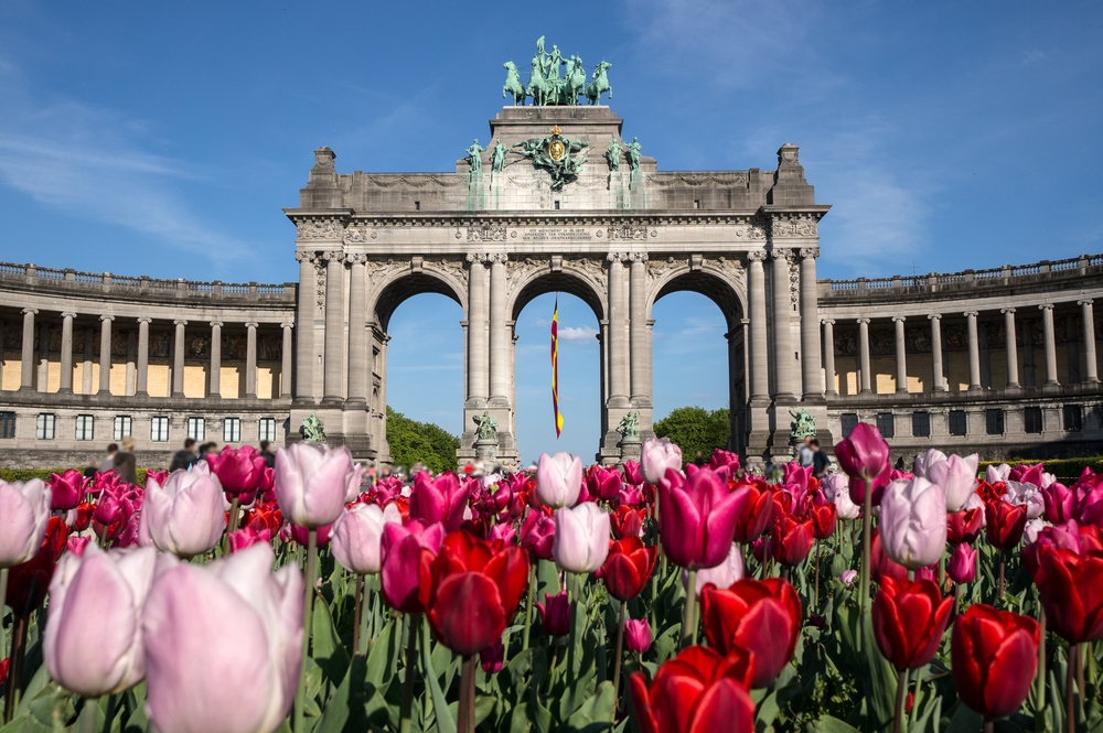 A close up of pink, red, and pale pink tulips with the Arche de Triomphe of Brussels in the distance one of the best places to visit in Europe in May